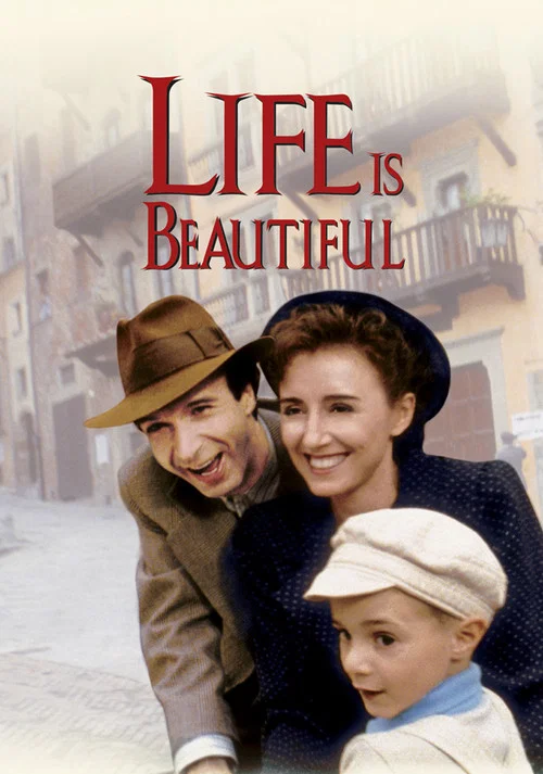 The poster features a black-and-white scene of three people on a narrow, historic street. A man in a hat and trench coat stands beside a woman in a dark dress, while a child in a white hat sits on a bicycle. The muted tones of the buildings and the sepia-like filter evoke a nostalgic, timeless mo...