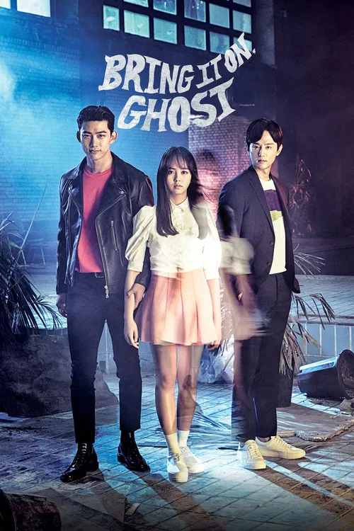 The poster features three characters standing in a dimly lit, eerie setting with a mysterious atmosphere. The dark tones and shadowy background create a suspenseful mood, while the vibrant colors of the characters' clothing add contrast. The title "Bring It On, Ghost" is prominently displayed at ...