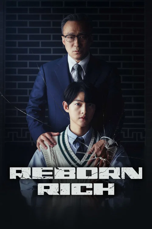 The poster features a young man with glasses, wearing a dark suit against a dark background, exuding mystery and sophistication. The title "Reborn Rich" is prominently displayed in bold white letters, suggesting a dramatic and intriguing narrative. The overall mood is mysterious and intriguing, h...