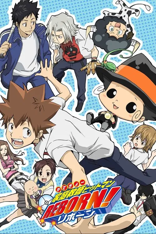 The poster features a dynamic group of anime characters in various poses, with vibrant colors like blue, red, and orange creating an energetic atmosphere. The characters are depicted with expressive faces and dynamic stances, suggesting action and excitement. The title "REBORN!" is prominently di...