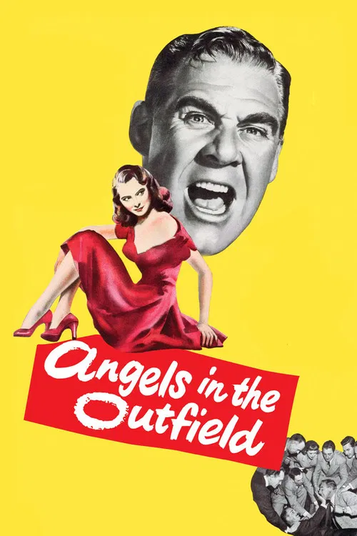The poster features a lineup of baseball players in white uniforms, set against a vibrant blue background. A large, stylized baseball with wings and a sunburst design dominates the upper portion. The title "Angels in the Outfield" is prominently displayed in bold, colorful lettering. The overall ...