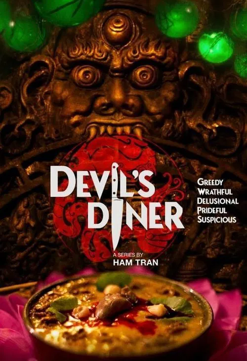 The poster features a menacing, darkly carved demonic face looming over a steaming pizza in a dimly lit diner. The eerie green and red hues create a spooky atmosphere, while the title "DEVIL'S DINER" stands out boldly against the ominous background.