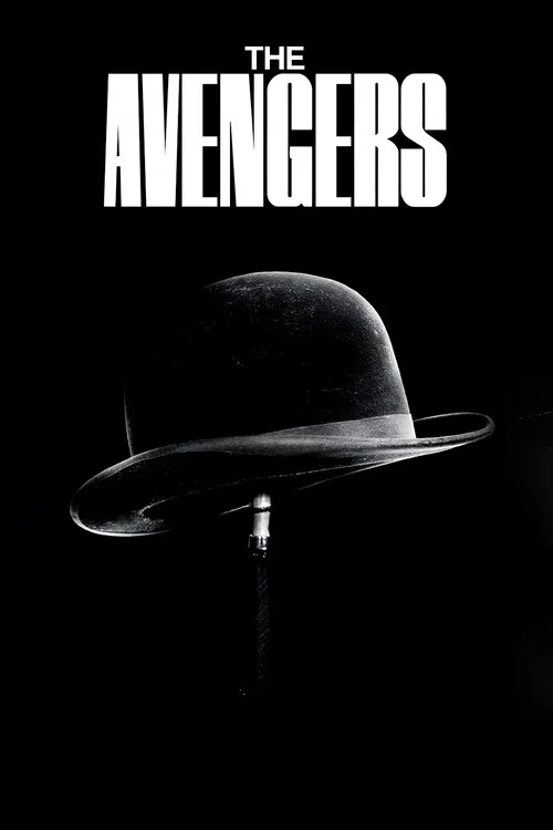The poster features a man in a dark suit and a woman in a teal coat, standing side by side against a black background. The title "THE AVENGERS" is prominently displayed in bold white letters at the bottom. The overall mood is dramatic and mysterious, with the characters exuding confidence and rea...