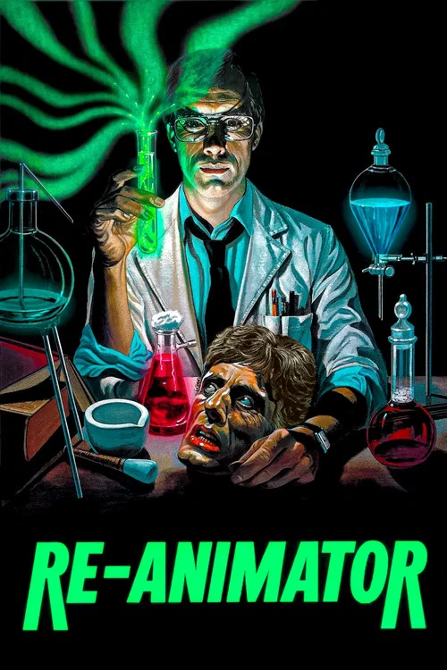 This movie poster features a man in a lab coat holding a glowing green object, surrounded by various scientific apparatus and laboratory equipment. The dark background with yellow and green hues creates a mysterious and eerie atmosphere. The title "RE-ANIMATOR" is prominently displayed at the bot...