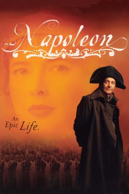 The poster features a dramatic portrait of Napoleon in period attire against a fiery orange backdrop, evoking a sense of historical grandeur and epic destiny.