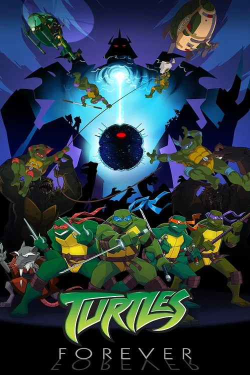 The poster features a dynamic scene with Teenage Mutant Ninja Turtles in action, surrounded by dramatic shadows and glowing blue energy. The dark, moody atmosphere with neon accents creates an intense and mysterious mood, emphasizing the action-packed nature of the film.