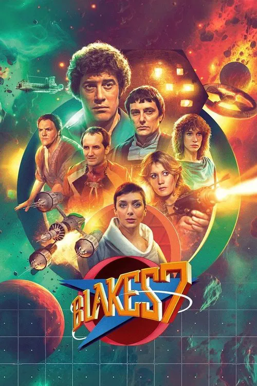 This vibrant poster showcases the ensemble cast of "Blake's 7" against a cosmic backdrop. The characters are arranged in a dynamic composition, with warm lighting highlighting their expressions and attire. The colorful, energetic design conveys a sense of adventure and excitement, capturing the e...