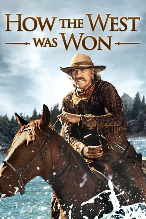 The poster features a cowboy riding a horse through a dramatic landscape, with a moody, atmospheric sky. The warm tones of the cowboy's clothing contrast with the cool blues and greens of the background, creating a sense of adventure and historical drama.