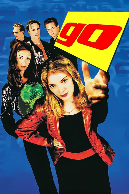 The poster features five characters in a dynamic pose against a vibrant blue background, with the word "GO" prominently displayed in bold red letters. The characters exude confidence and energy, suggesting an adventurous and action-packed movie. The overall composition conveys a sense of exciteme...
