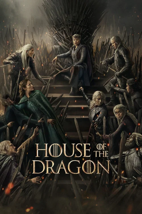 The poster features two women in medieval-style armor against a dramatic backdrop of fiery red and green dragon imagery. The title "House of the Dragon" is prominently displayed in bold, metallic lettering. The overall mood is intense and epic, suggesting a high-stakes fantasy adventure.
