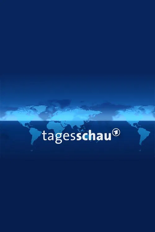 The poster features a serene blue world map with the Tagesschau logo prominently displayed in white. The calm, professional mood evokes a sense of global news coverage and international awareness.