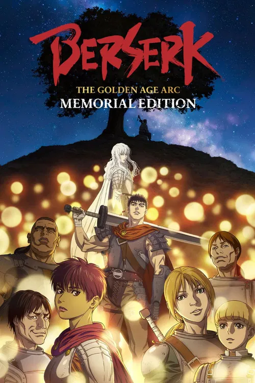 The poster features a dramatic scene with a central figure wielding a massive sword against a backdrop of glowing orbs, evoking a mystical atmosphere. The characters are depicted in vibrant colors, with rich reds, golds, and deep blues, creating a visually striking composition that captures the e...