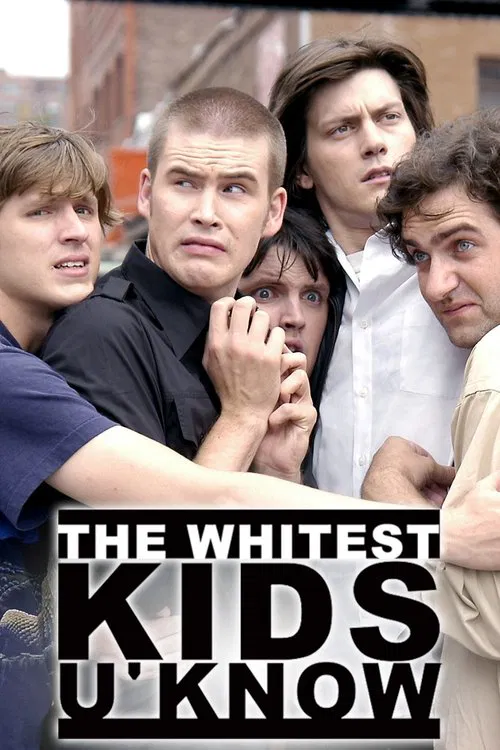 The poster features six young adults with intense, curious expressions against a muted urban backdrop. The warm tones of their clothing contrast with the cool gray tones of the background, creating a visually striking composition. The bold, white text "THE WHITEST KIDS U' KNOW" dominates the lowe...