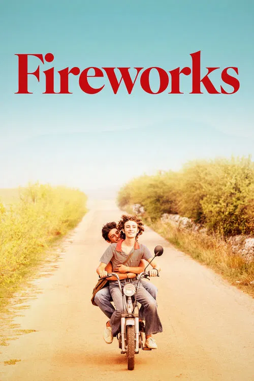 A couple rides a bicycle down a sun-drenched road, surrounded by golden fields and vibrant greenery. The poster features bold red text against a clear blue sky, evoking a sense of joy and freedom.