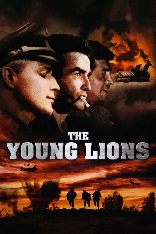 The poster features two young men in military uniforms against a dramatic sunset backdrop, evoking a sense of adventure and camaraderie. The fiery orange and red hues suggest action and danger, while silhouettes of soldiers and aircraft hint at a war-torn setting. This visually compelling design ...
