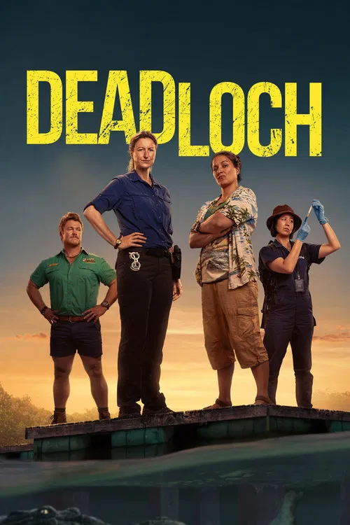 The poster features four characters standing on a rocky shore under a stormy, ominous sky. The title "DEADLOCH" is prominently displayed in bold yellow letters at the bottom. The mood is tense and foreboding, suggesting a supernatural or horror theme.