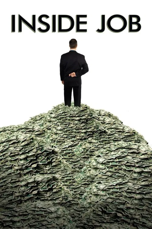 The poster features a solitary figure in a black suit standing atop a mound of green money, symbolizing financial success. The stark white background and bold text "INSIDE JOB" create a mysterious and intriguing atmosphere, hinting at the film's theme of navigating complex financial landscapes.