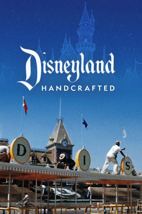 The poster features a vibrant scene with people enjoying a sunny day at Disneyland, surrounded by colorful signs and a clear blue sky. The mood is cheerful and nostalgic, capturing the essence of a fun-filled day at the theme park.