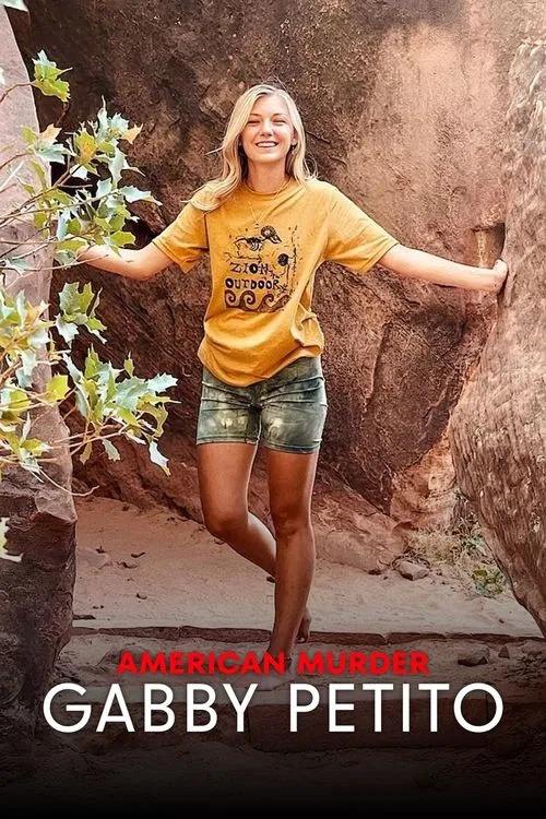 A smiling woman in a yellow shirt and denim shorts stands confidently against a rocky backdrop, exuding a relaxed yet mysterious vibe. The poster features bold text at the bottom, emphasizing the show's title and creator's name.