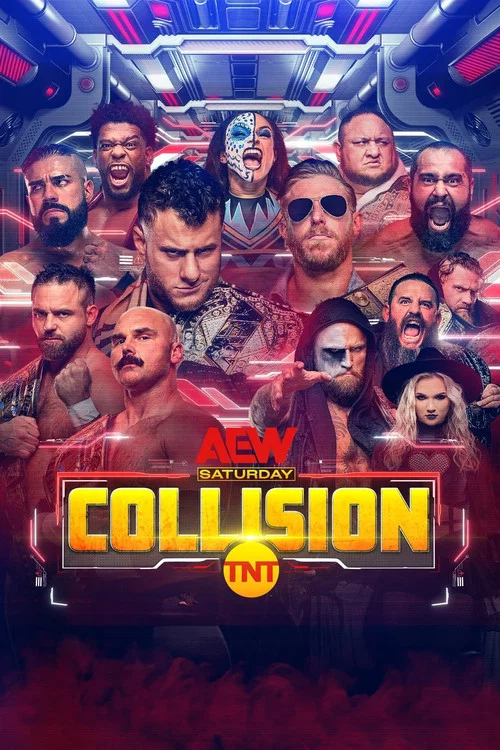 The poster features a collage of WWE wrestlers in dramatic poses against a fiery red background, with the title "All Elite Wrestling: Collision" prominently displayed in bold yellow letters. The intense expressions and dynamic groupings evoke a sense of high-stakes drama and excitement.