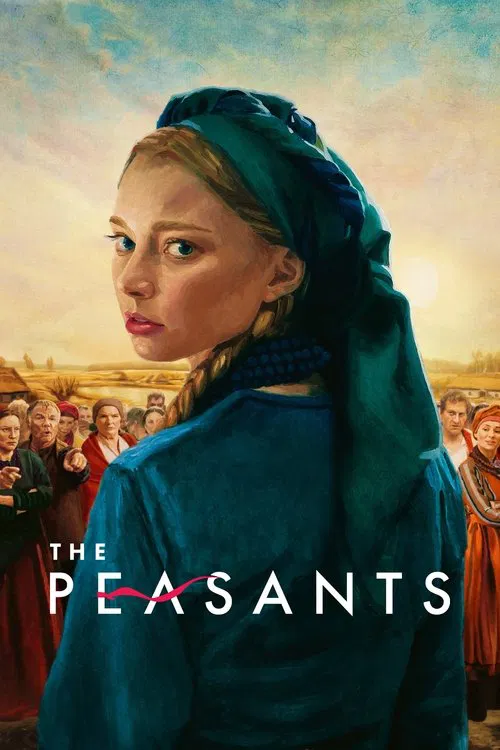The poster features a woman in period clothing with a serene expression, surrounded by a bustling crowd of peasants in colorful garments. The warm, golden hues of the sky and clothing evoke a sense of historical drama and community.