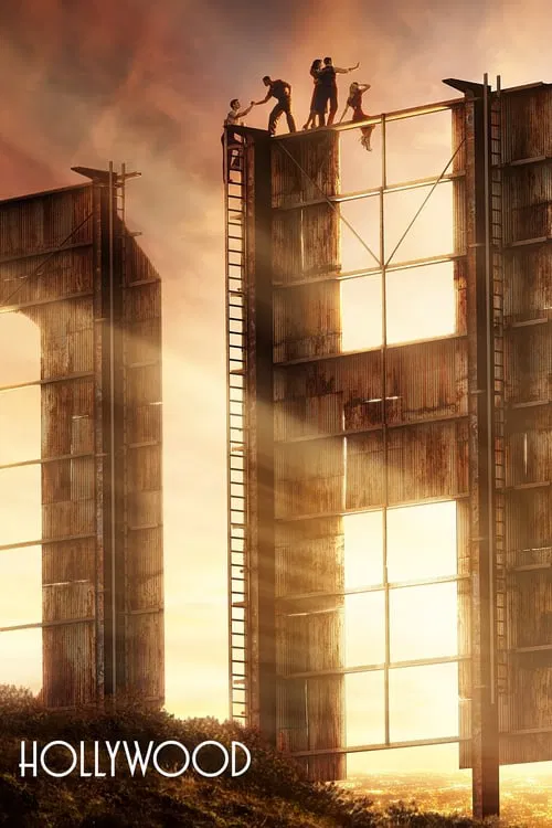 The poster features silhouetted figures climbing a tall building, bathed in warm golden light that suggests a dramatic sunset. The title "HOLLYWOOD" is prominently displayed in bold, white letters at the bottom left, evoking the glamour of the entertainment industry. The composition conveys a sen...