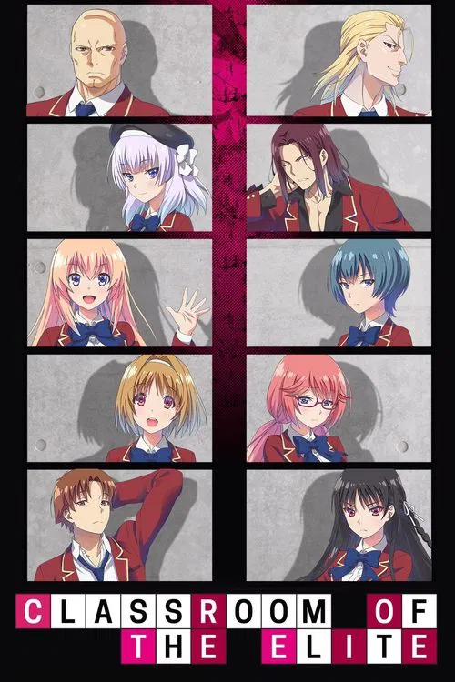 The poster features a vibrant classroom scene with students in colorful uniforms, creating a lively and energetic atmosphere. The warm lighting enhances the cheerful mood, while the diverse group of characters adds to the dynamic feel of the show.