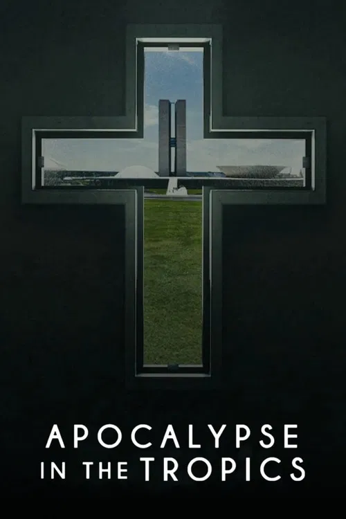 The poster features a dark, ominous cross with a window revealing a serene tropical landscape. The muted green grass and blue sky contrast sharply with the dark tones, creating a mysterious and eerie atmosphere. The title "Apocalypse in the Tropics" is prominently displayed at the bottom, suggest...