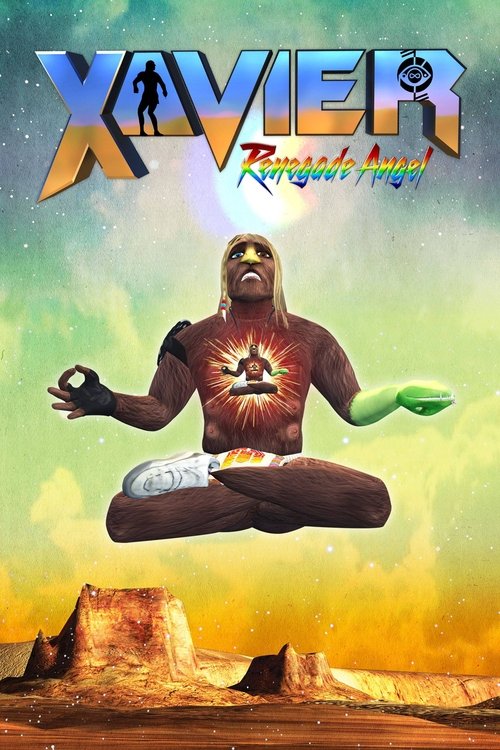The poster features a muscular, muscular man in a meditative pose against a vibrant sunset sky. His skin glows with golden hues, and he holds a glowing orb in one hand while gesturing with the other. The desert landscape below adds a rugged, adventurous feel to the scene.