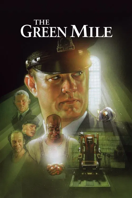 The poster features a somber, mysterious atmosphere with a central figure in a police uniform, surrounded by shadowy, contemplative figures. The muted greens and dark tones evoke a sense of mystery and foreboding, while the warm glow of a window adds an eerie, supernatural touch.