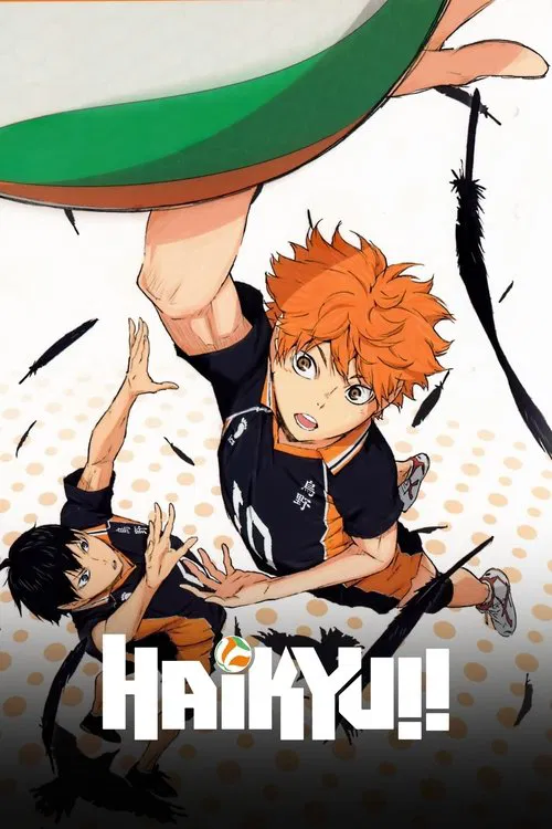 The poster features a dynamic scene of numerous characters from "Haikyu!!" in action poses, with vibrant colors including orange, blue, and red. The mood is energetic and spirited, capturing the excitement of the volleyball tournament.