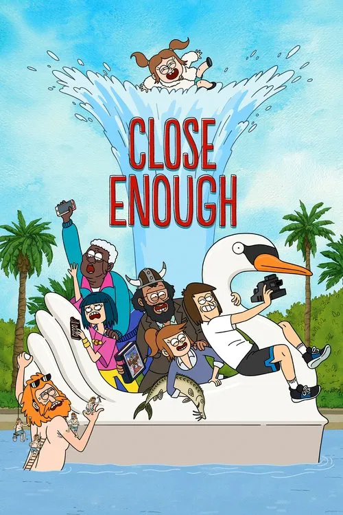 The poster features a lively group of characters on a white raft against a bright blue sky, with palm trees and a swan in the background. The warm colors of the characters' clothing contrast with the vibrant sky, creating a cheerful and adventurous mood.