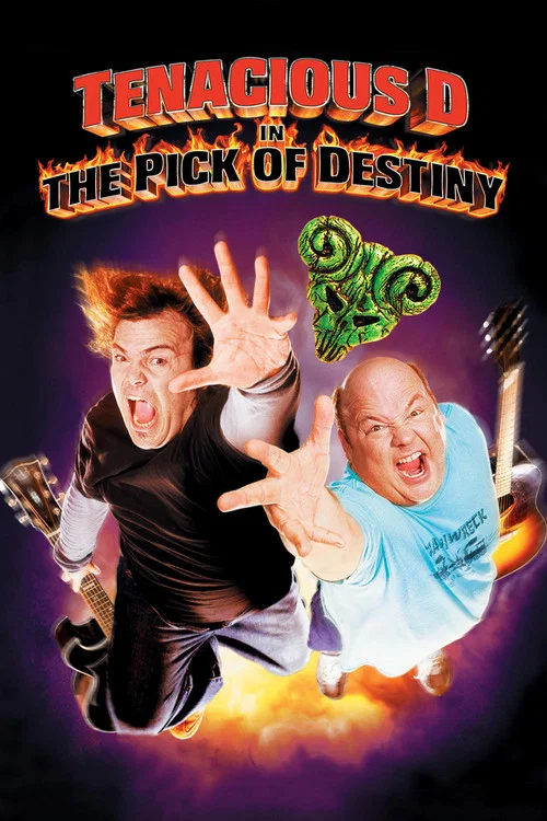 The poster features two energetic characters in dynamic poses against a vibrant, starry background. The title "Tenacious D in The Pick of Destiny" is prominently displayed in bold, fiery red letters. The overall mood is one of excitement and action, capturing the essence of a high-energy comedy.