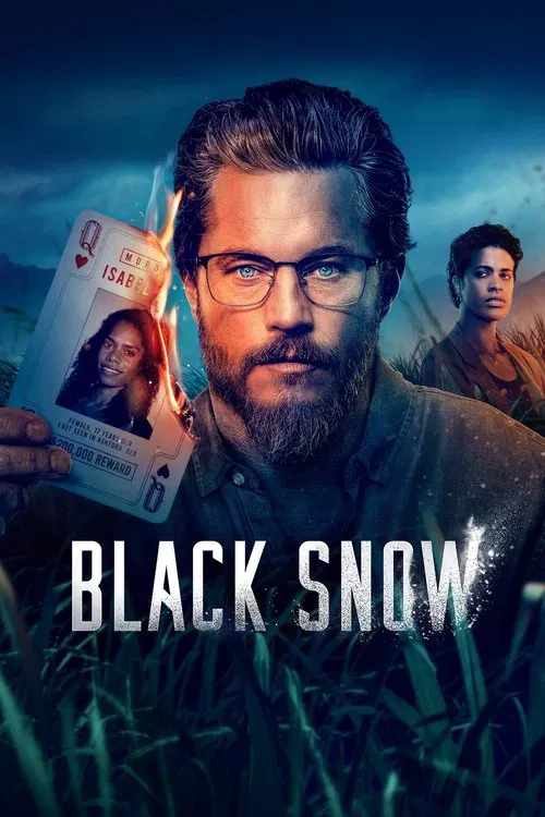 The poster features a rugged man with glasses and a beard holding a photo of a woman, set against a dark, stormy sky. The title "BLACK SNOW" is prominently displayed in bold white letters. The mood is mysterious and suspenseful, with hints of danger lurking in the background.