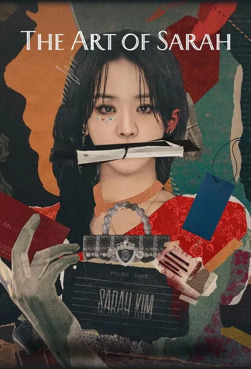 The poster features a hauntingly beautiful close-up of Sarah, her eyes wide and intense, with a dramatic red streak cutting through the composition. Below her, a man in a dark coat sits on the ground, surrounded by a spilled red liquid and a patterned bag, evoking a sense of tragedy and mystery. ...