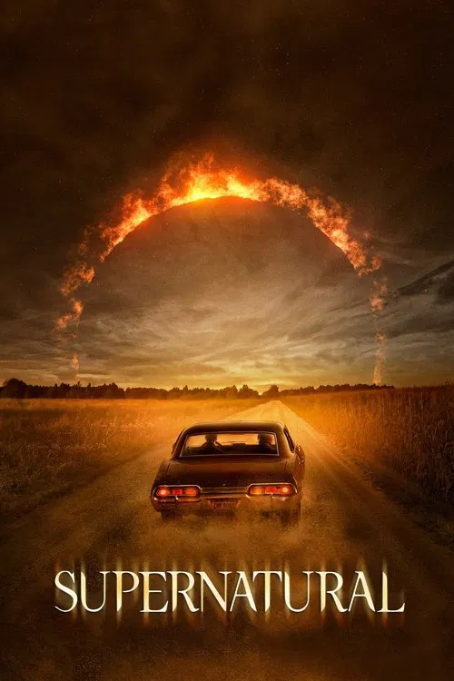 The poster features four men in dramatic poses against a fiery, golden background. A glowing orb with wings dominates the center, symbolizing power and mystery. The warm tones of orange and gold evoke an intense, supernatural atmosphere. The title "Supernatural" is prominently displayed at the bo...