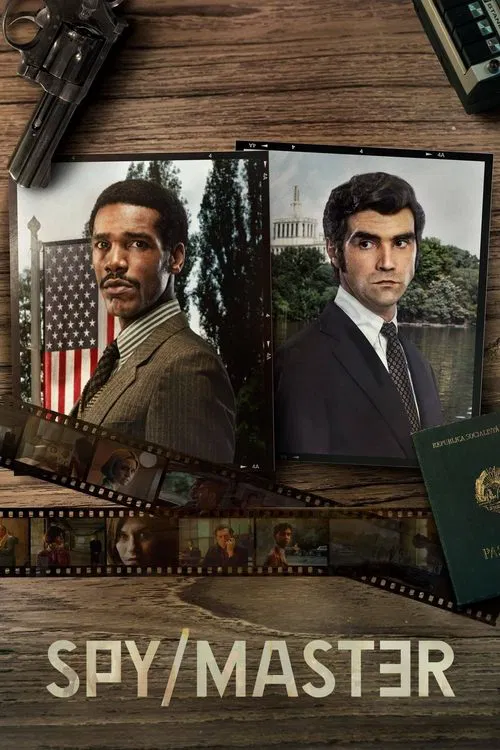 The poster features two men in formal attire against a rustic wooden backdrop, evoking a spy thriller atmosphere. The warm tones of the wood and the muted colors of their suits create a gritty, cinematic mood. A film strip at the bottom hints at the action-packed narrative, while a gun and passpo...