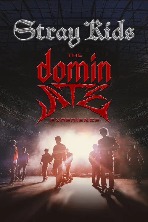 The poster features silhouettes of Stray Kids members walking toward a bright, glowing doorway, evoking mystery and anticipation. Dominant red and black color scheme creates a dramatic atmosphere, while the spiderweb design adds an edgy, rebellious vibe.
