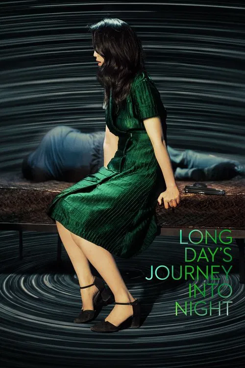 A woman in a shimmering green dress sits on a dark bench, her gaze directed away from the viewer. The scene is moody, with swirling dark tones and subtle light reflections that create a mysterious atmosphere. The title "Long Day's Journey Into Night" is elegantly displayed in green text, emphasiz...