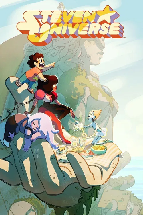 This vibrant poster features the beloved Steven Universe characters in dynamic poses against a cosmic backdrop. The bright colors and energetic expressions convey a sense of adventure and wonder, capturing the show's magical universe.