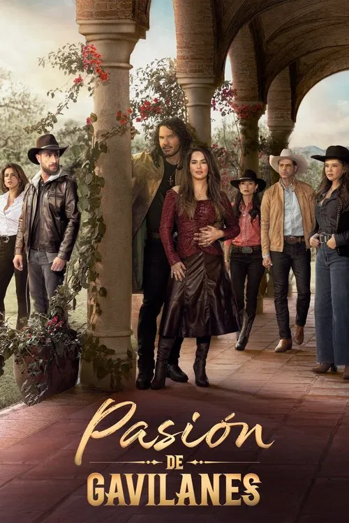The poster features a group of people in period attire standing on a stone bridge under a warm, golden sky. The central figure, a woman in a red dress, stands out with her confident posture. Surrounding her are men in hats and coats, some looking serious, others more relaxed. The rich colors of t...