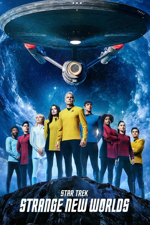 This poster captures the surreal and vibrant atmosphere of "Strange New Worlds," featuring a central figure in a yellow sweater walking through a colorful, alien landscape. Surrounding him are diverse characters in bright, contrasting outfits, including red and blue, set against a dramatic sky wi...