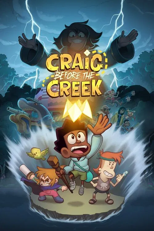 The poster features a group of children in a dramatic, stormy landscape. They stand on a glowing island surrounded by lightning and dark clouds, creating a sense of danger and adventure. The vibrant colors of the characters' clothing contrast with the ominous background, emphasizing their excitem...