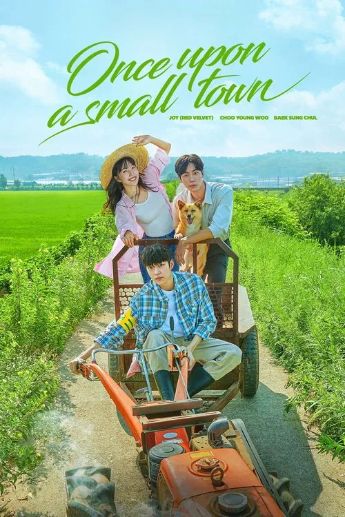 The poster features a family of four enjoying a rural road trip, with the mother in a yellow hat, father in a blue shirt, and children in colorful clothing. The scene is set against a backdrop of lush green fields and distant mountains under a bright blue sky. The warm colors and cheerful express...