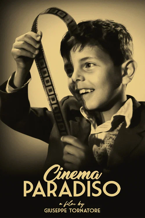 The poster features a group of people atop a grand theater, with the title "Cinema Paradiso" prominently displayed in bold, colorful letters. The scene evokes a nostalgic, romantic atmosphere with warm lighting and a sense of wonder.