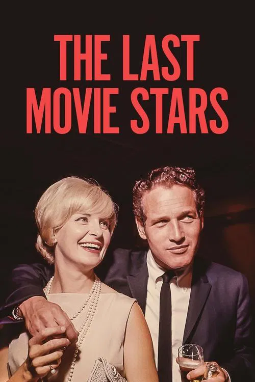The poster features a glamorous couple in formal attire against a dark background, exuding elegance and sophistication. The bold red text "THE LAST MOVIE STARS" commands attention, suggesting a cinematic journey through memorable moments. The warm lighting and confident expressions convey a sense...
