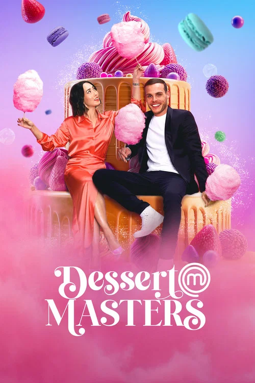 The poster features a man and woman in elegant attire, seated on a golden pedestal surrounded by towering, oversized ice cream cones. The vibrant pink and purple hues create a dreamy, sweet atmosphere, while floating candy hearts add whimsy to the scene. The title "Dessert Masters" is elegantly d...