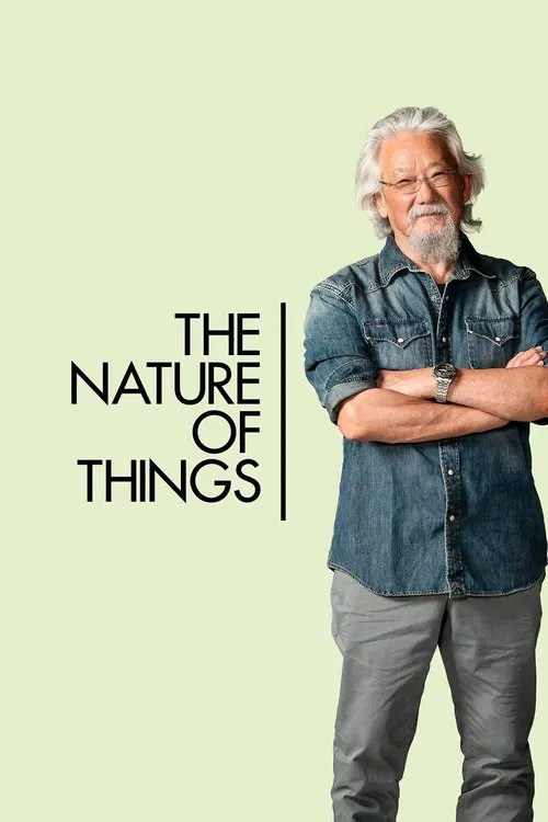 The poster features a man with gray hair and a beard standing with arms crossed against a soft, pale green background. The title "THE NATURE OF THINGS" is elegantly written in black text to the left, creating a minimalist yet sophisticated mood.