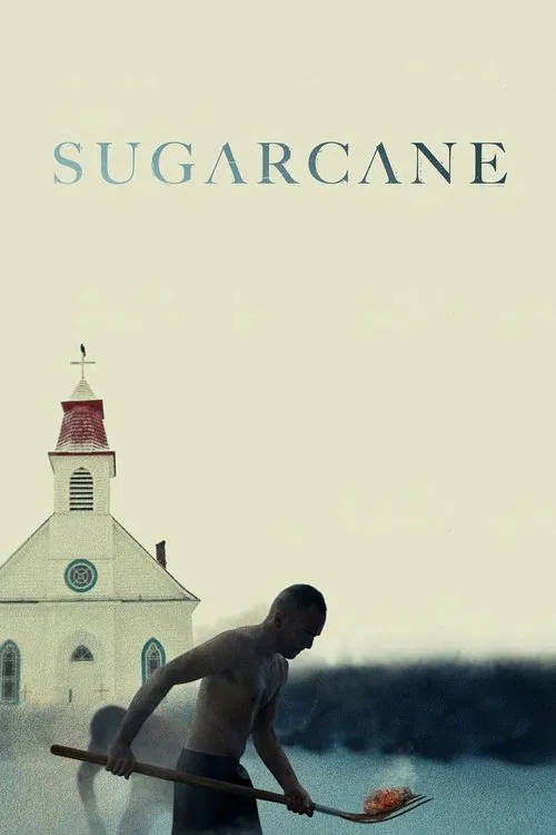 A lone figure shovels sugar cane in a serene, sunlit landscape. The poster features a white church with a red roof, evoking a peaceful rural setting. The muted colors and soft lighting create a nostalgic, contemplative mood.