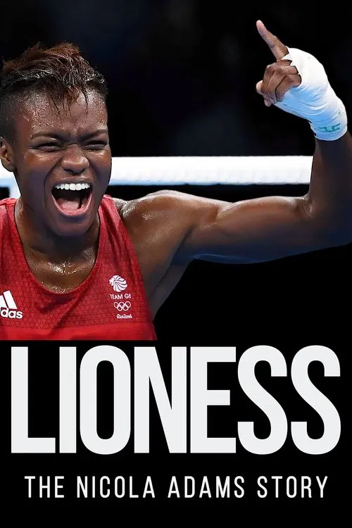 The poster features a powerful female athlete in a red jersey, her face contorted in triumph as she points upward. The bold white text "LIONESS" dominates the lower portion, emphasizing her identity. The dynamic composition conveys energy and determination, reflecting the story's narrative of res...